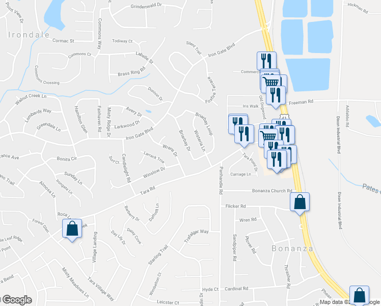 map of restaurants, bars, coffee shops, grocery stores, and more near 10410 Briarbay Drive in Jonesboro