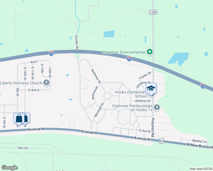 map of restaurants, bars, coffee shops, grocery stores, and more near 204 Roosevelt in Hooks