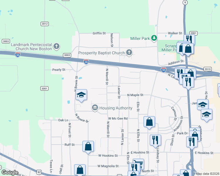 map of restaurants, bars, coffee shops, grocery stores, and more near 705 Lanier Street in New Boston