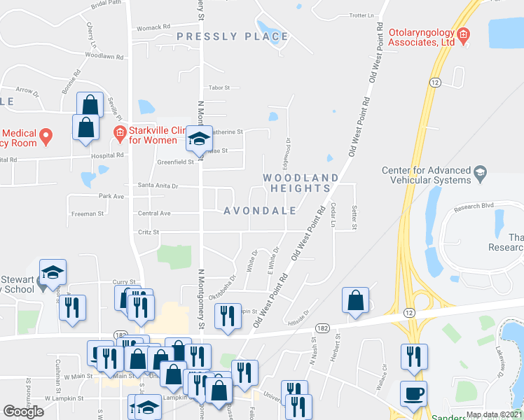 map of restaurants, bars, coffee shops, grocery stores, and more near 530 Overstreet Drive in Starkville