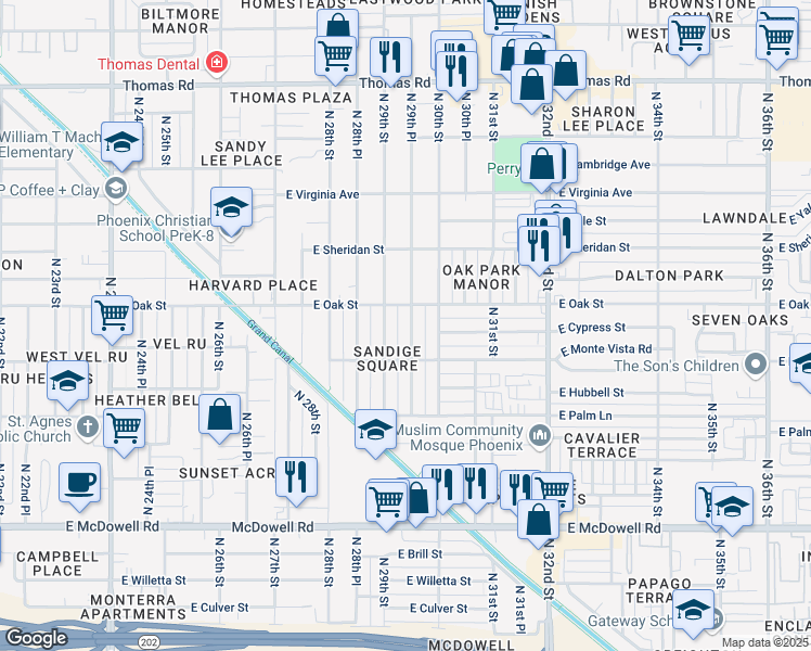 map of restaurants, bars, coffee shops, grocery stores, and more near 2232 North 29th Place in Phoenix