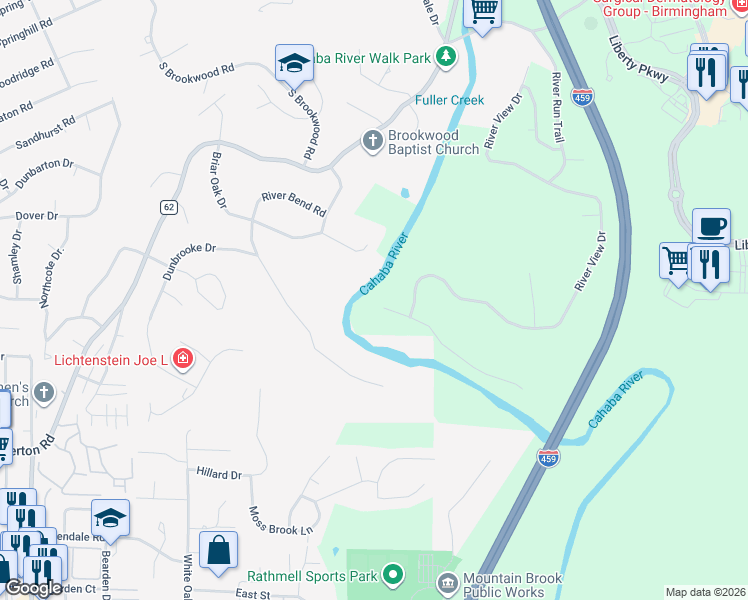map of restaurants, bars, coffee shops, grocery stores, and more near 4101 Riverview Cove in Vestavia Hills