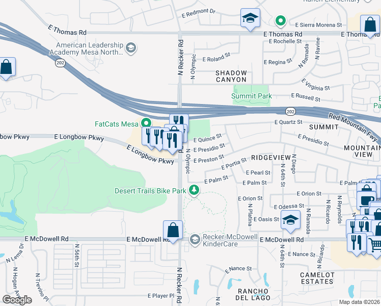 map of restaurants, bars, coffee shops, grocery stores, and more near 6029 E Presidio St in Mesa