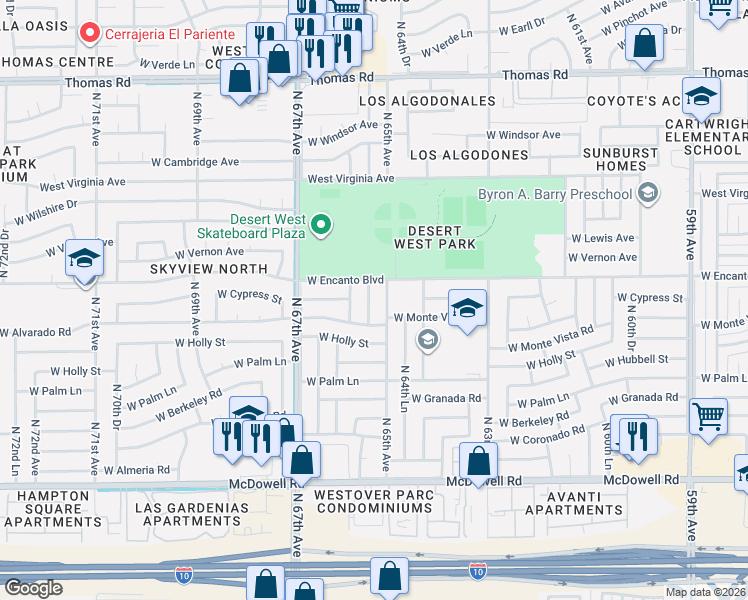 map of restaurants, bars, coffee shops, grocery stores, and more near 2227 North 65th Drive in Phoenix