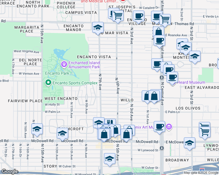 map of restaurants, bars, coffee shops, grocery stores, and more near 522 West Cypress Street in Phoenix