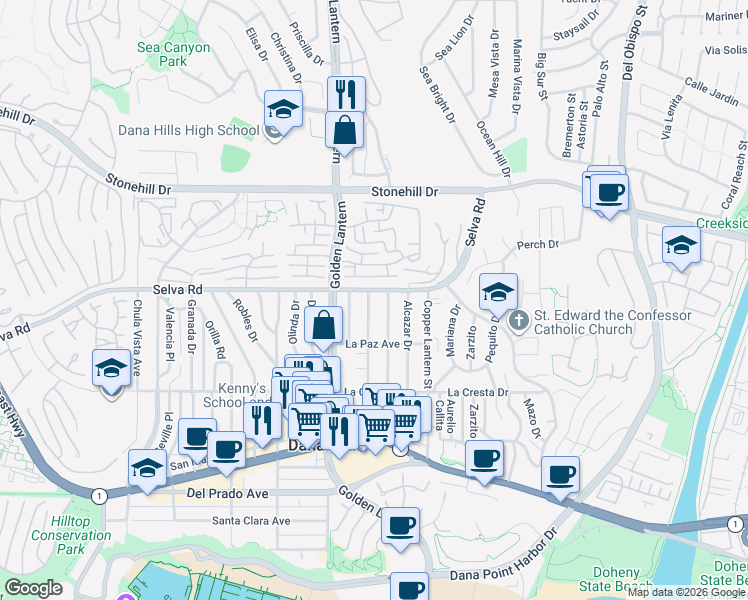 map of restaurants, bars, coffee shops, grocery stores, and more near 33760 Silver Lantern Street in Dana Point