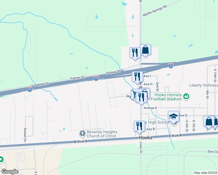map of restaurants, bars, coffee shops, grocery stores, and more near 13 Lacey Street in Hooks
