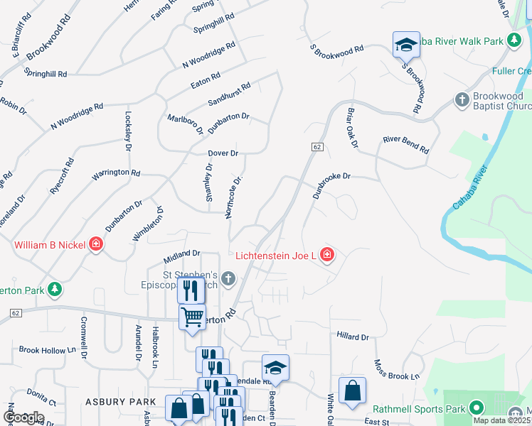 map of restaurants, bars, coffee shops, grocery stores, and more near 3305 Stoneridge Drive in Birmingham