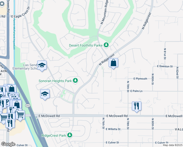 map of restaurants, bars, coffee shops, grocery stores, and more near 3060 North Ridgecrest in Mesa