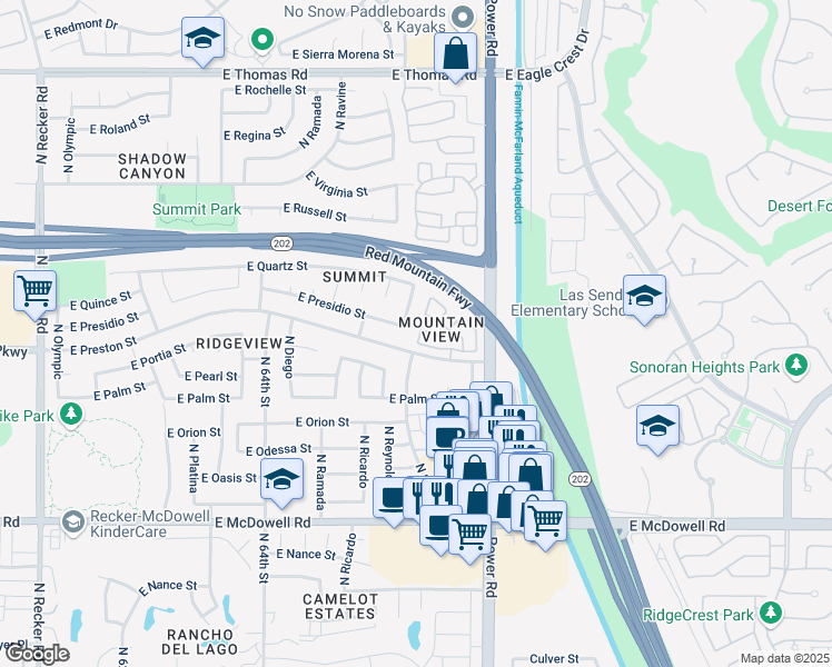 map of restaurants, bars, coffee shops, grocery stores, and more near 3203 North Saffron in Mesa