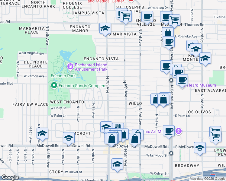 map of restaurants, bars, coffee shops, grocery stores, and more near 522 West Cypress Street in Phoenix