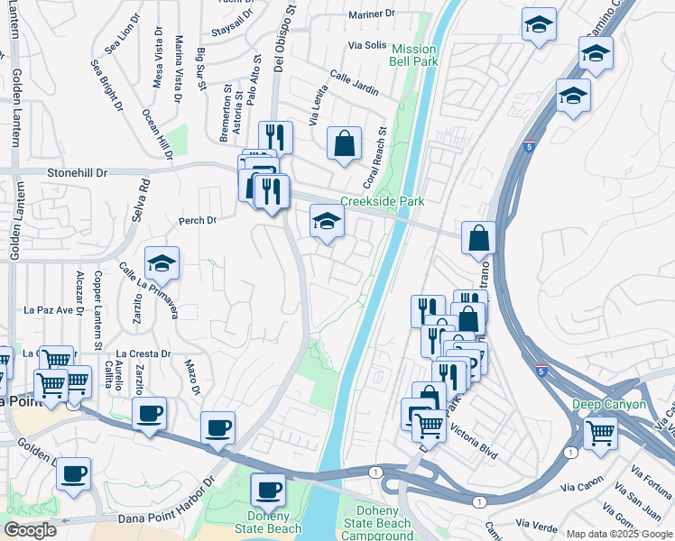 map of restaurants, bars, coffee shops, grocery stores, and more near 33762 Captains Lane in Dana Point