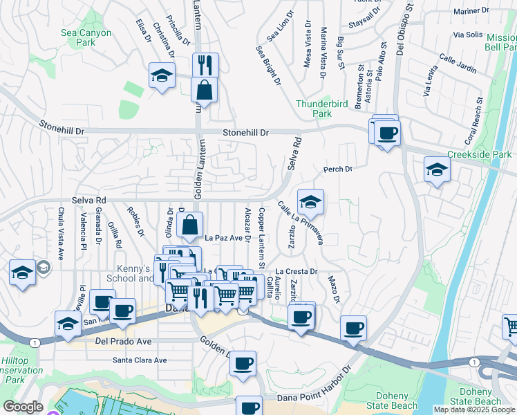 map of restaurants, bars, coffee shops, grocery stores, and more near 33752 Alcazar Drive in Dana Point
