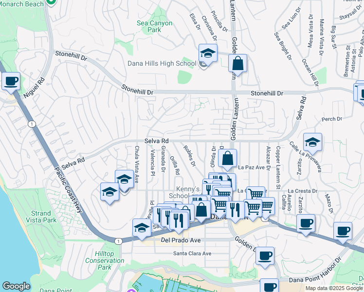 map of restaurants, bars, coffee shops, grocery stores, and more near 33792 Robles Drive in Dana Point