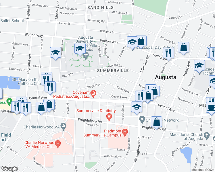 map of restaurants, bars, coffee shops, grocery stores, and more near 2242 Kings Way in Augusta