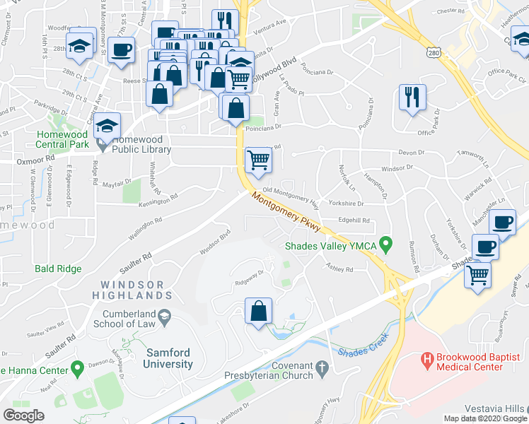 map of restaurants, bars, coffee shops, grocery stores, and more near 3396 Independence Drive in Birmingham