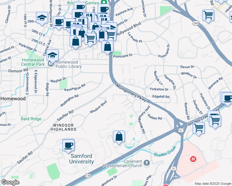 map of restaurants, bars, coffee shops, grocery stores, and more near 1929 Saulter Road in Birmingham
