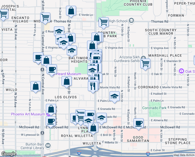 map of restaurants, bars, coffee shops, grocery stores, and more near in Phoenix