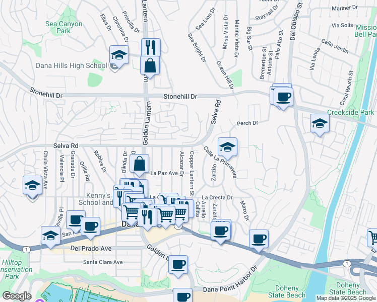 map of restaurants, bars, coffee shops, grocery stores, and more near 33761 Copper Lantern Street in Dana Point