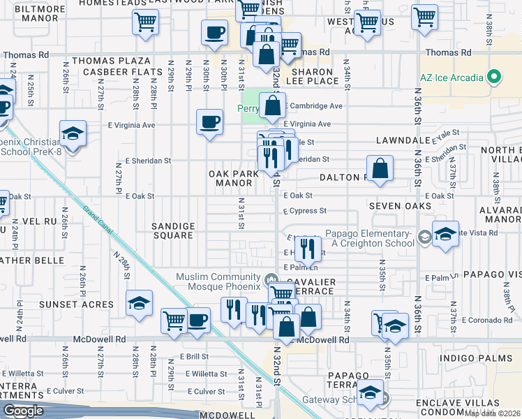 map of restaurants, bars, coffee shops, grocery stores, and more near 3128 East Cypress Street in Phoenix