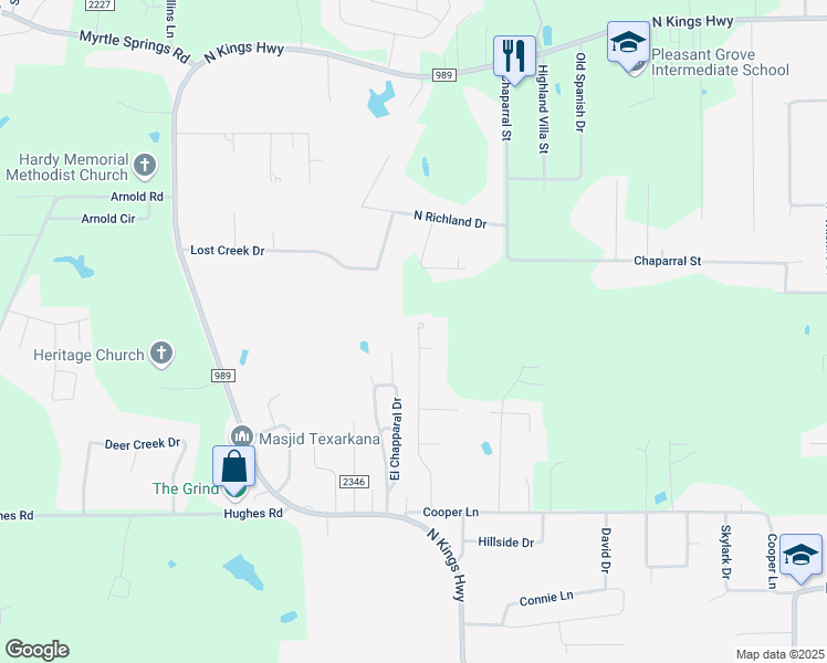 map of restaurants, bars, coffee shops, grocery stores, and more near 5411 Galloping Way in Texarkana
