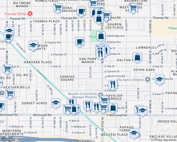 map of restaurants, bars, coffee shops, grocery stores, and more near 3040 East Cypress Street in Phoenix