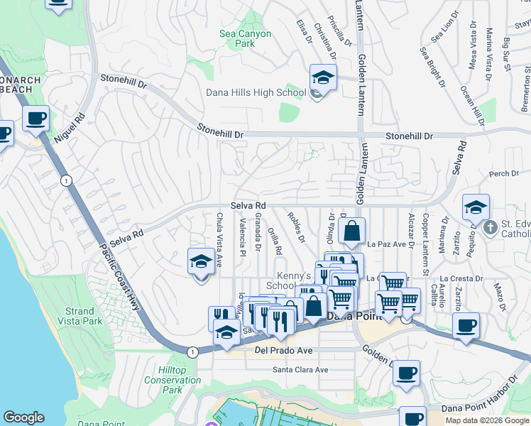 map of restaurants, bars, coffee shops, grocery stores, and more near 33764 Orilla Road in Dana Point