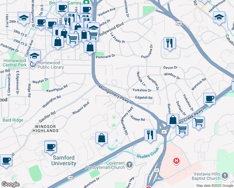 map of restaurants, bars, coffee shops, grocery stores, and more near 3425 Independence Drive in Birmingham