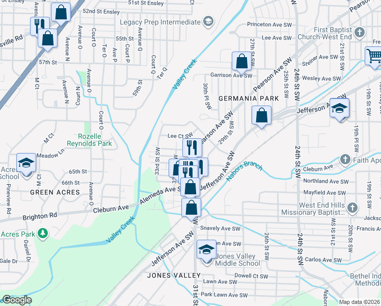 map of restaurants, bars, coffee shops, grocery stores, and more near 1200 31st Street Southwest in Birmingham