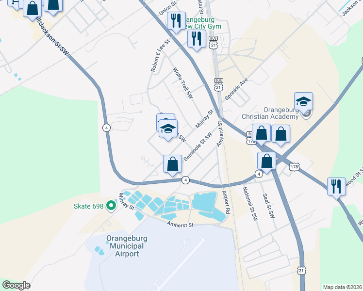 map of restaurants, bars, coffee shops, grocery stores, and more near 319 Murray Road Southwest in Orangeburg