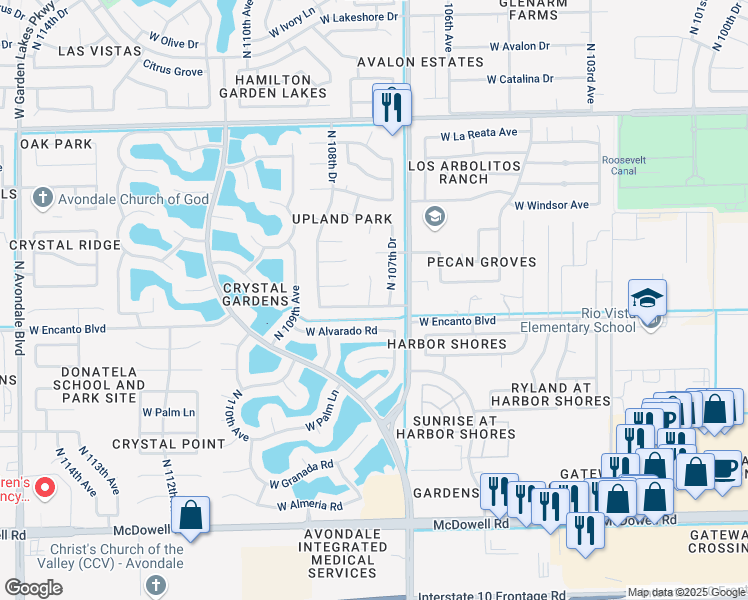 map of restaurants, bars, coffee shops, grocery stores, and more near 10760 West Encanto Boulevard in Avondale