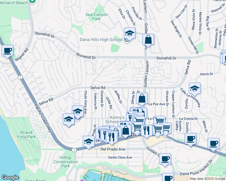 map of restaurants, bars, coffee shops, grocery stores, and more near 33751 Robles Drive in Dana Point