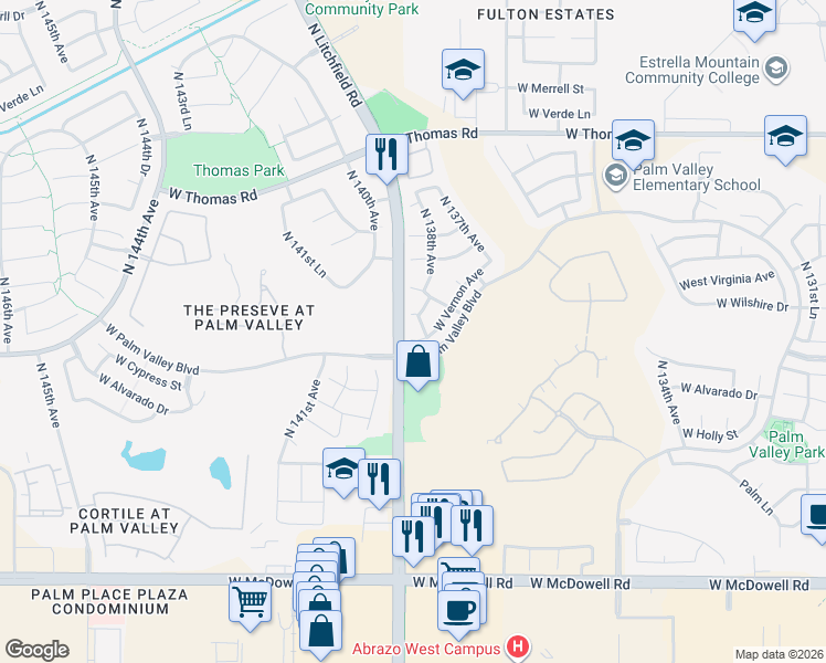 map of restaurants, bars, coffee shops, grocery stores, and more near 13872 West Vernon Avenue in Goodyear