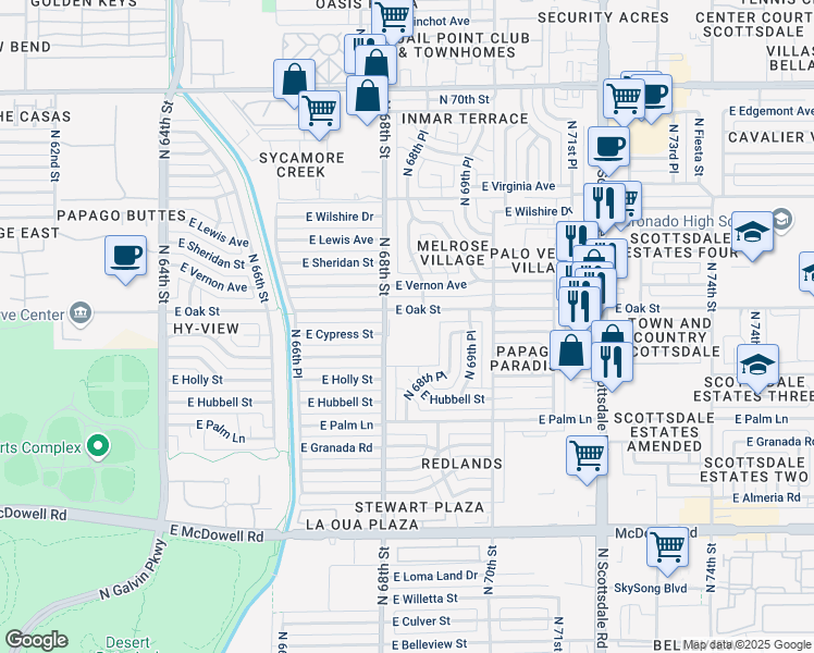map of restaurants, bars, coffee shops, grocery stores, and more near 6801 East Oak Street in Scottsdale