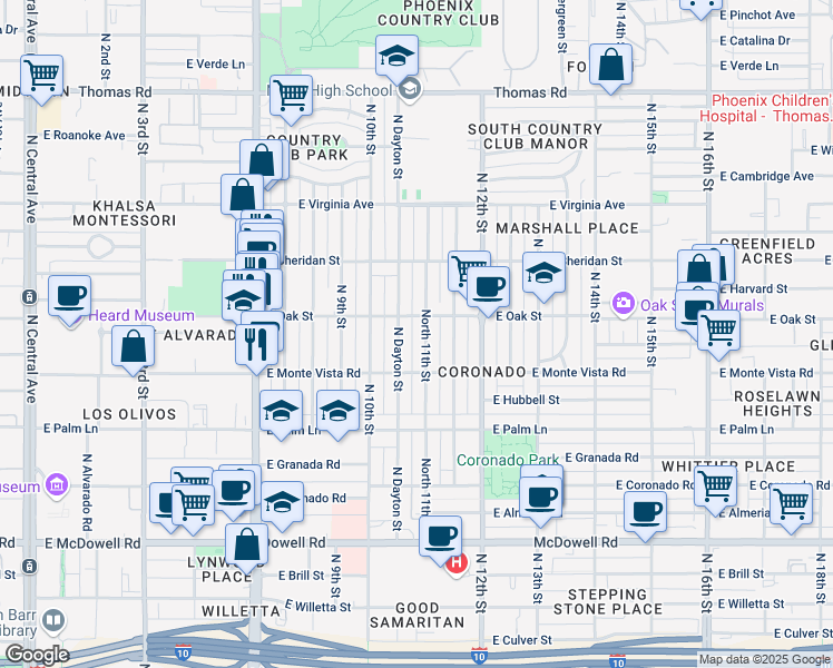 map of restaurants, bars, coffee shops, grocery stores, and more near 2234 North 11th Street in Phoenix