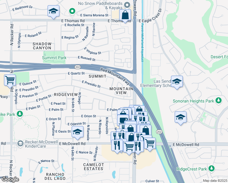 map of restaurants, bars, coffee shops, grocery stores, and more near 3203 North Saffron in Mesa