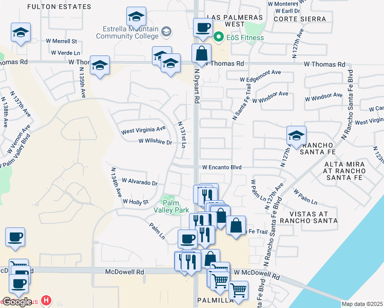 map of restaurants, bars, coffee shops, grocery stores, and more near 13114 West Sheridan Street in Goodyear