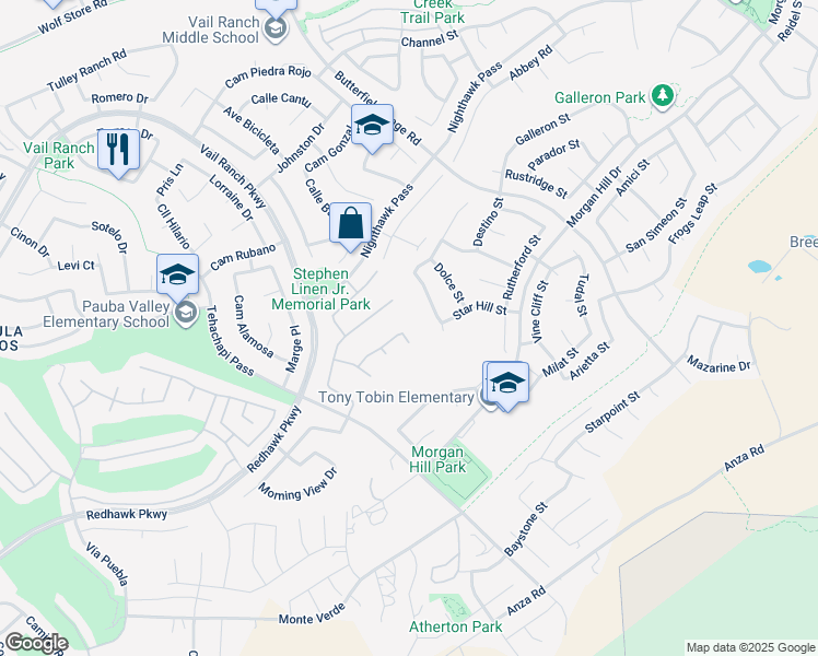 map of restaurants, bars, coffee shops, grocery stores, and more near 45250 Oakville Court in Temecula