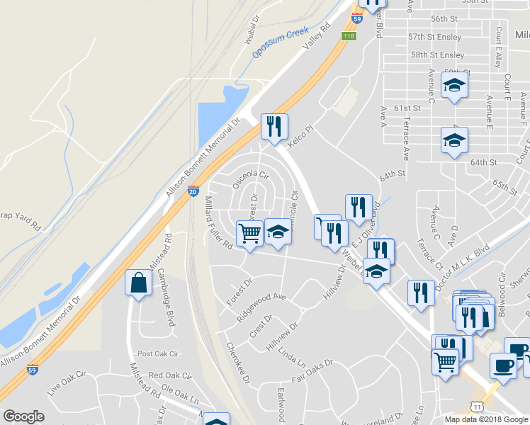 map of restaurants, bars, coffee shops, grocery stores, and more near 6641 Tensaw Court in Fairfield