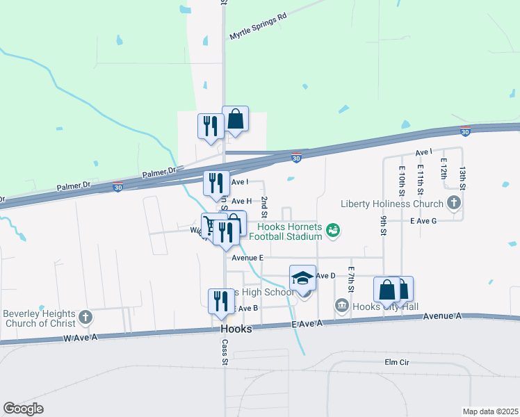 map of restaurants, bars, coffee shops, grocery stores, and more near 705 East 2nd Street in Hooks