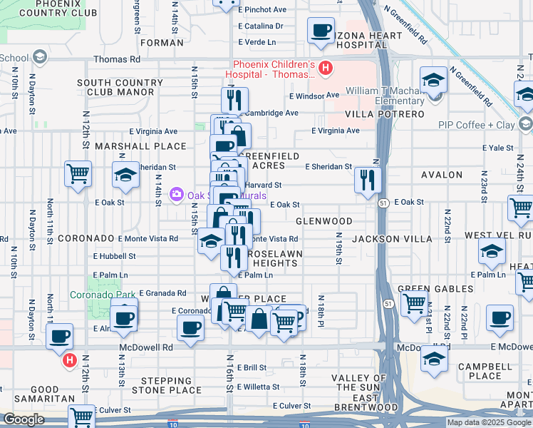 map of restaurants, bars, coffee shops, grocery stores, and more near 1649 East Oak Street in Phoenix