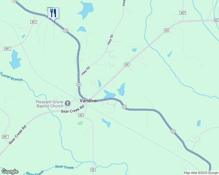 map of restaurants, bars, coffee shops, grocery stores, and more near 12154 County Road 43 in Vandiver