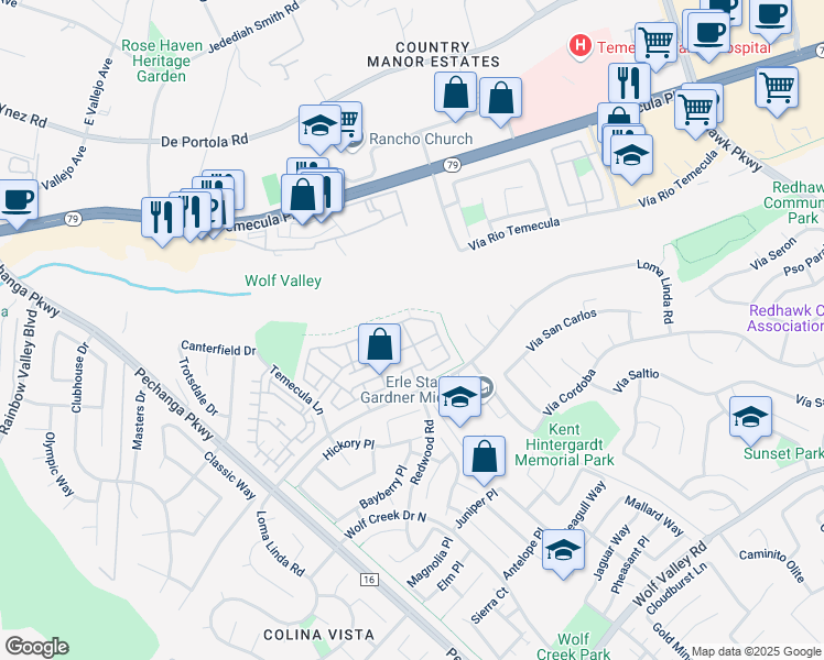 map of restaurants, bars, coffee shops, grocery stores, and more near 44842 Checkerbloom Drive in Temecula