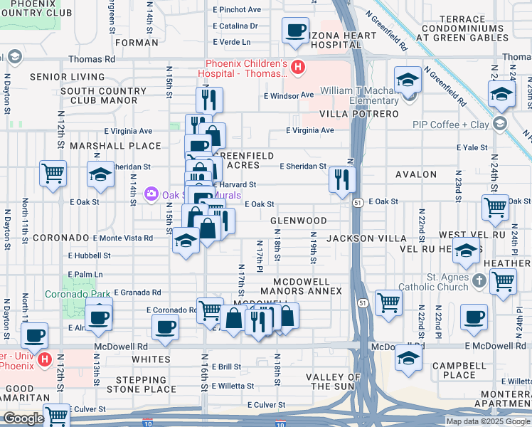 map of restaurants, bars, coffee shops, grocery stores, and more near 1729 E Oak St in Phoenix
