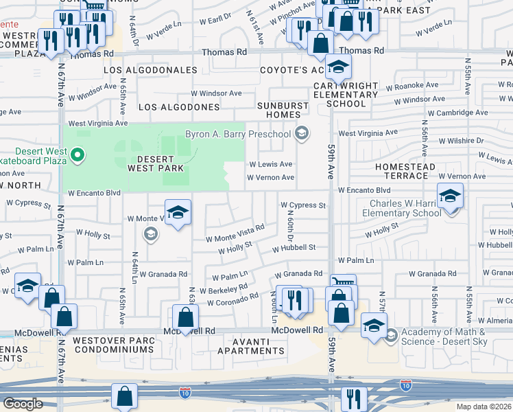 map of restaurants, bars, coffee shops, grocery stores, and more near 2233 North 61st Drive in Phoenix