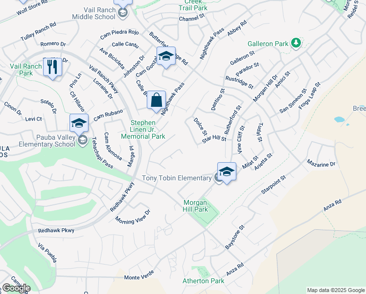 map of restaurants, bars, coffee shops, grocery stores, and more near 45250 Oakville Court in Temecula