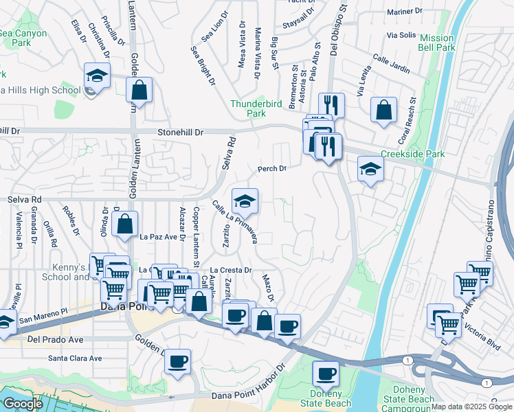 map of restaurants, bars, coffee shops, grocery stores, and more near 33751 Oldbridge Road in Dana Point