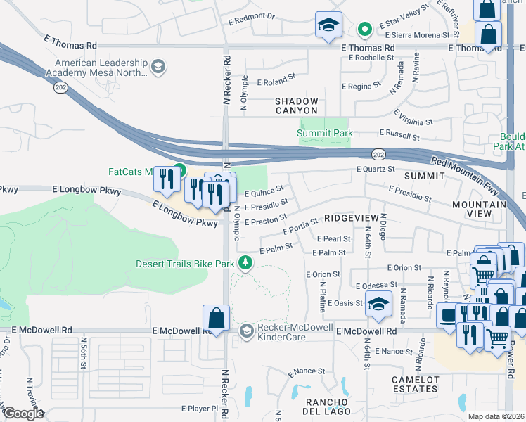 map of restaurants, bars, coffee shops, grocery stores, and more near 6103 East Presidio Street in Mesa