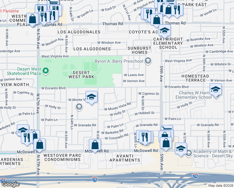 map of restaurants, bars, coffee shops, grocery stores, and more near 2237 North 62nd Avenue in Phoenix