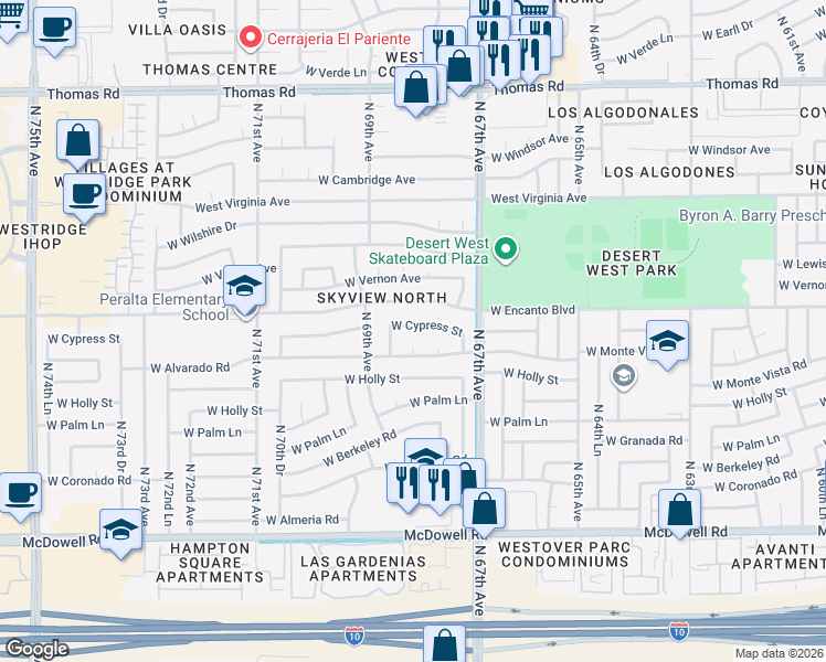 map of restaurants, bars, coffee shops, grocery stores, and more near 6815 West Cypress Street in Phoenix